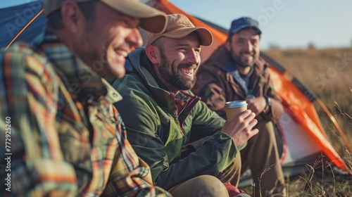 A group of male hunters drinking coffee outside their tent on a remote campsite