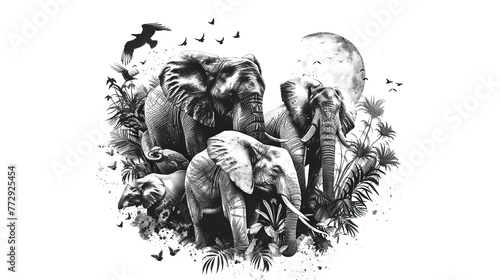 black and white sketch art of endangered species, Earth Day or World Wildlife Day concept. Save our planet, protect green nature and endangered species, biological diversity theme photo