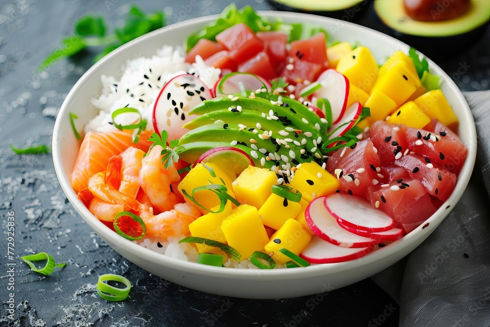 Colorful Hawaiian poke bowl with tuna, salmon, shrimp, avocado, mango, radish and rice, healthy food photo