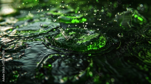 Water droplets covering a green surface in a close-up shot photo