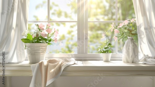 A window sill holding an array of potted plants next to a window. The plants are vibrant and varied, adding a touch of nature indoors