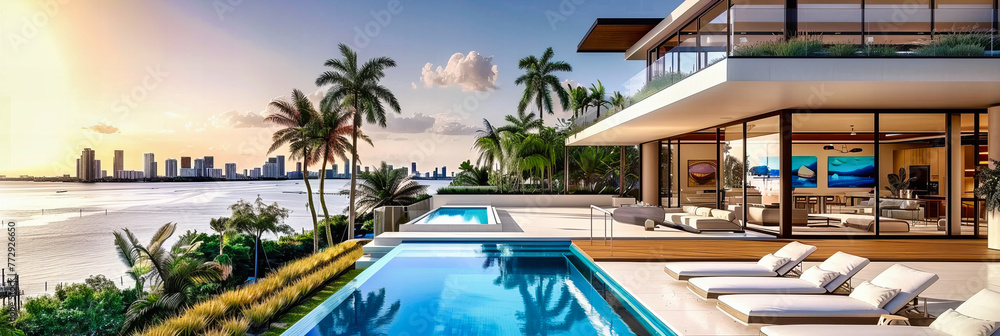 Luxury villa with a private pool and palm trees, a dream destination for an exclusive tropical getaway