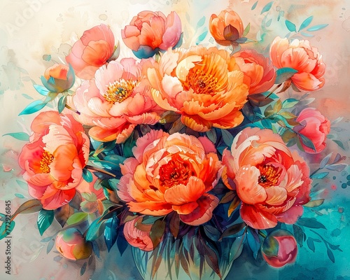 Vibrant peony bouquet in watercolor, warm tones, 8K with detailed brushstrokes, lush and inviting
