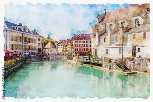 Picturesque street scene with quay, medieval houses and bridge over the river in Annecy, France. Watercolor painting.