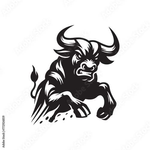 Vector Silhouette of an Angry Ox Exuding Raw Power and Intensity in Motion- Angry OX Black Vector Stock.