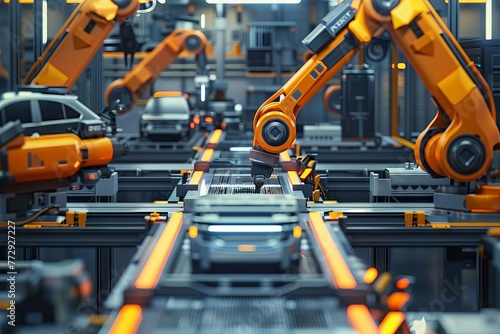 Futuristic Automated Car Factory with Robotic Arms and Conveyor Line - Abstract 3D Illustration