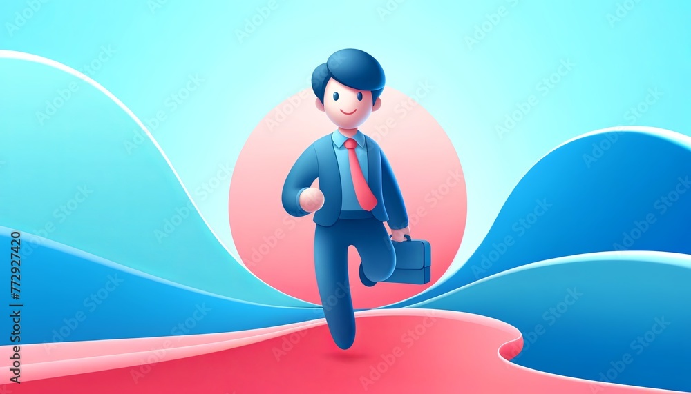 Stylized illustration of a cheerful businessman walking confidently with a briefcase, ideal for concepts of success, career growth, and corporate environments Stylized illustration of a cheerful businessman walking confidently with a briefcase, ideal for concepts of success, career growth, and corporate environments