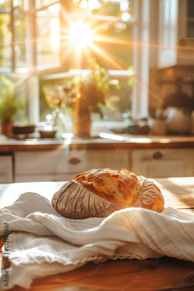 Naklejka premium beautiful homemade bread laying on the soft cotton kitchen towel on the table, rustic kitchen interior blurred on the background . Soft sun rays illuminate the scene. Comfort and cozy atmosphere.