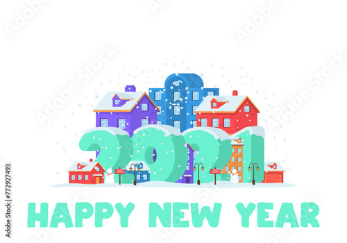 2021 on Panoramic winter landscape in city park with snow covering. Happy New Year 2021 with winter landscape in city on Christmas eve. Cityscape. Buildings. Vector illustration