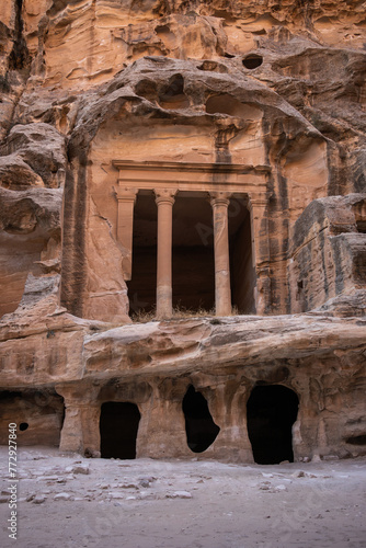 Sandstone Rock Triclinium at Little Petra in Jordan. Vertical View of Siq al-Barid Archaeological Site in the Middle East. photo
