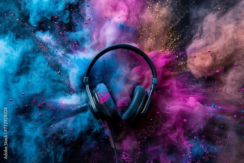 Headphones and colorful powder explosion, music and festival concept, creative still life photography