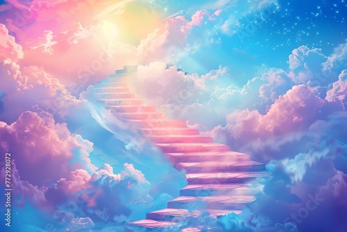 Heavenly staircase leading to paradise in the clouds, spiritual journey to afterlife, vector illustration