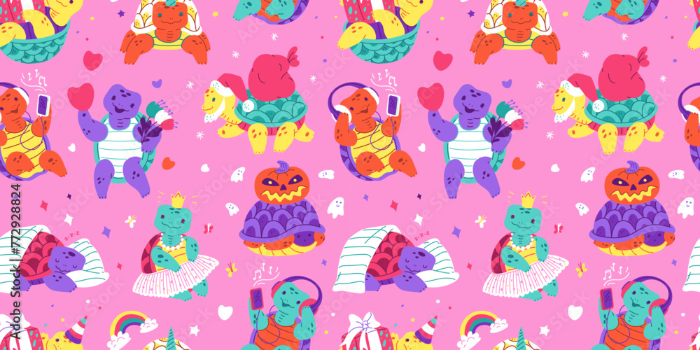 The seamless horizontal pattern featuring cute turtles celebrating different holiday on a pink background - obrazy, fototapety, plakaty 