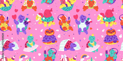 The seamless horizontal pattern featuring cute turtles celebrating different holiday on a pink background © sabelskaya