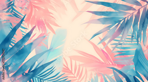 Artistic summer tropical banner frame design with watercolor hand painted pink and blue palm leaves over white backdrop