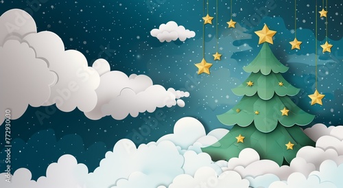 A Christmas tree is surrounded by clouds and stars