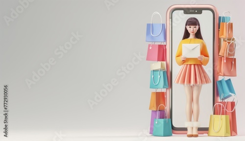 A woman is holding a shopping bag and standing in front of a cell phone