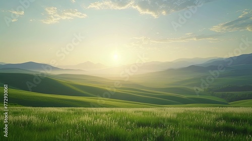 Field in the rays of sunset. Nature, glade, greenery, grass, meadow, flowers, summer, freshness, picnic, pasture, hay, wheat, clover. Generated by AI
