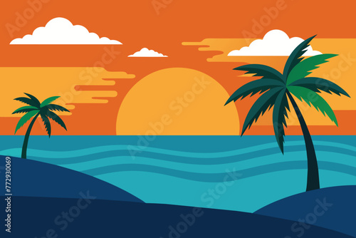 Sunset on Summer Beach background Vector Illustration design