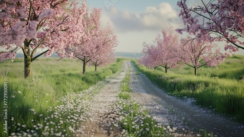 Road with cherry blossom trees. Forest, nature, greenery, berry, seed, garden, path, journey, grass, leaves. Generated by AI