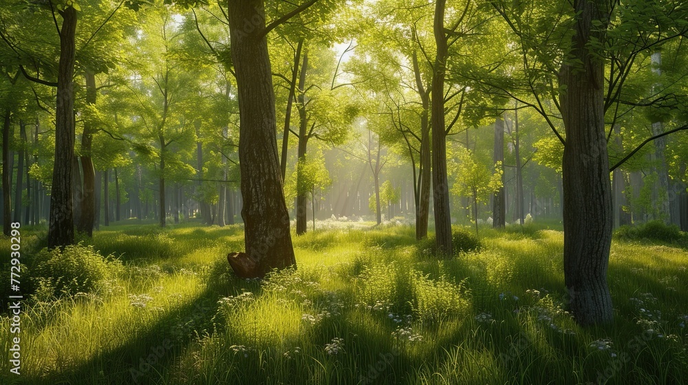 Obraz premium Rays of light in a deep forest. Trees, thicket, taiga, clearing, firewood, edge, pine needles, field, grove, animals, air, berries. Generated by AI