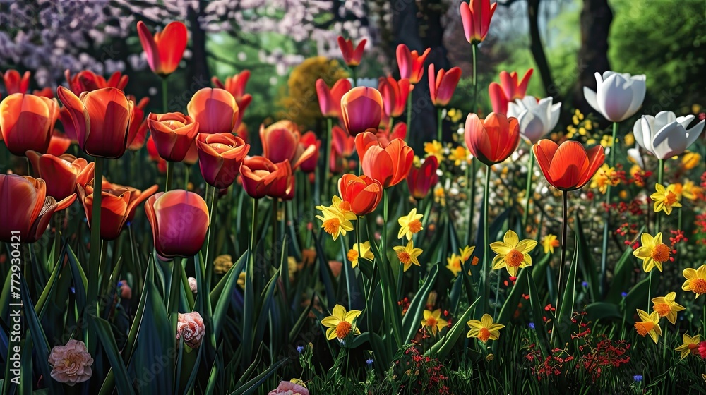 Obraz premium Tulips. Flowers, lilies, date, rose, daffodils, peonies, buttercup, spring, March, bouquet, holiday, gift, flowerbed, give, red, yellow, white, garden, field, smell, bud, stems. Generated by AI
