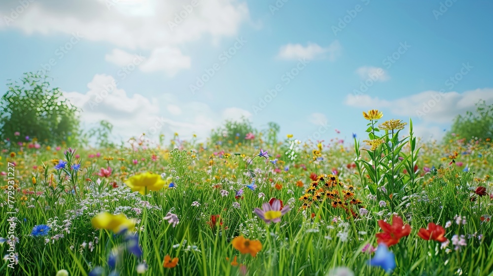 Field of flowers. Nature, florist, bouquet, roses, smell, beauty, daisies, gift, flowerbed, garden, vase, bees, life, tulip, plants, petals, pollen, holiday, buds, bee. Generated by AI
