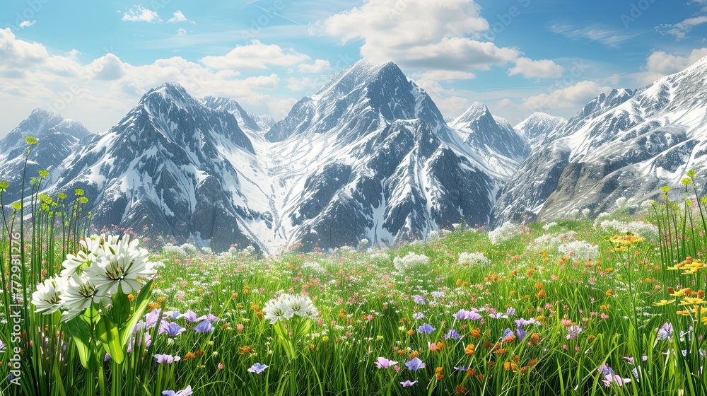 A field against the backdrop of snow-covered mountains. Top, skis, avalanche, air, climber, gorge, ridge, flowers, greenery, grass, nature, meadow. Generated by AI