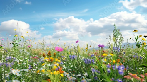 Field of flowers. Nature  pollen  holiday  florist  bouquet  roses  smell  beauty  daisies  gift  flowerbed  garden  vase  bees  life  tulip  plants  petals. Generated by AI