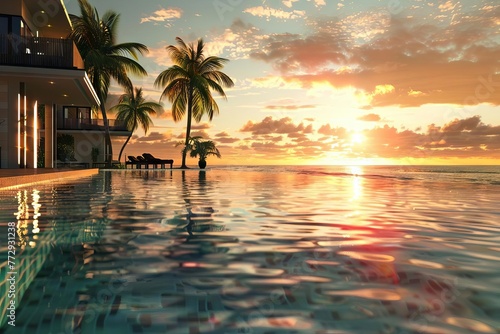 Luxurious Beachfront Resort Hotel with Infinity Pool at Golden Hour - 3D Illustration