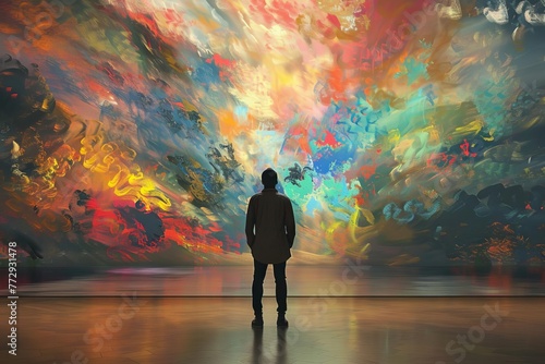 Man gazing at abstract heavenly painting in art gallery, spiritual faith concept, digital illustration