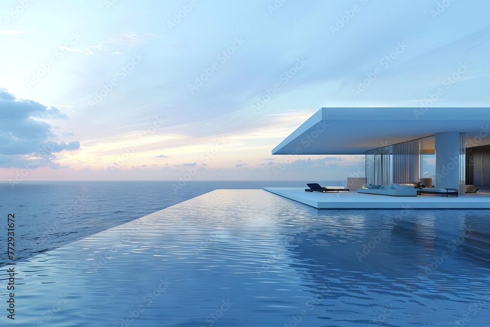 Modern futuristic luxury villa with infinity pool and ocean view, 3D illustration