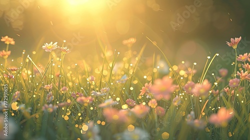 Field of grass with flowers and dew. Morning, water, drop, fog, freshness, moisture, dawn, rain, summer, sun, nature, condensation, plants, cobwebs, steam, leaves. Generated by AI