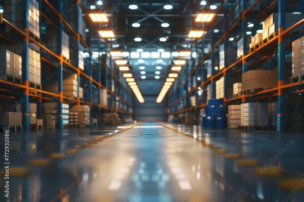 Modern Warehouse Interior with Bright Lights, Logistics Shipping Cargo Center 3D Illustration