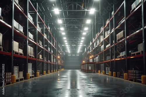 Modern Warehouse Interior with Bright Lights, Logistics Shipping Cargo Center 3D Illustration