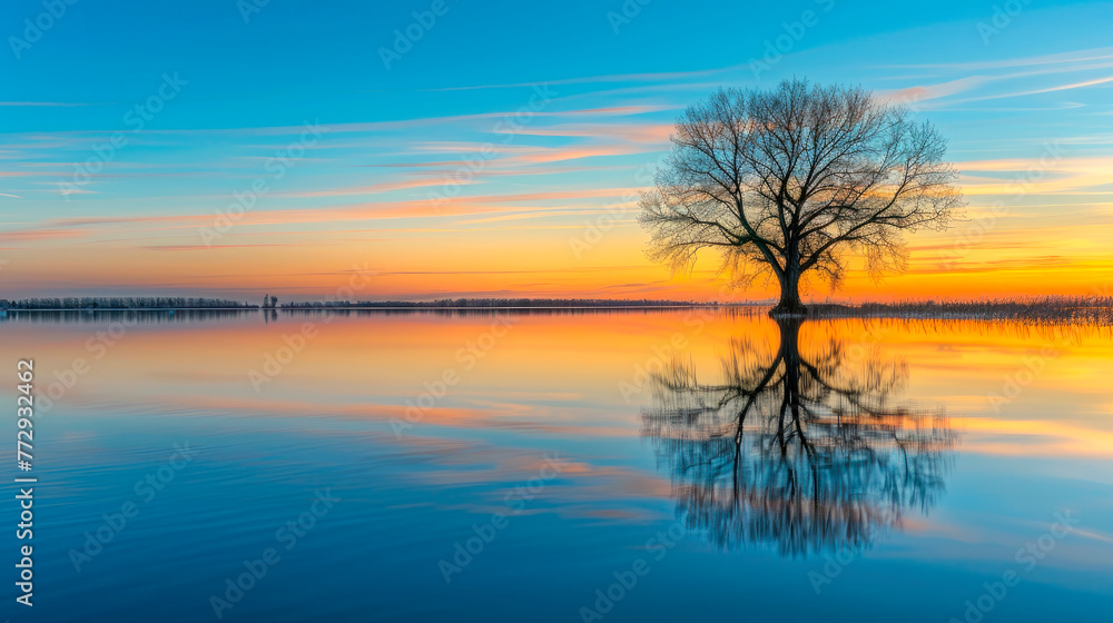 Picturesque view of leafless lonely tree growing and reflecting in tranquil lake at sunset time. Picturesque view of leafless lonely tree growing and reflecting in tranquil lake at sunset time.