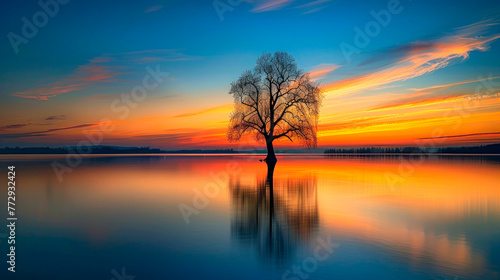 Picturesque view of leafless lonely tree growing and reflecting in calm lake at sundown time. © graja