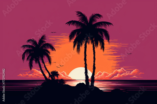 a sunset over a beach with palm trees