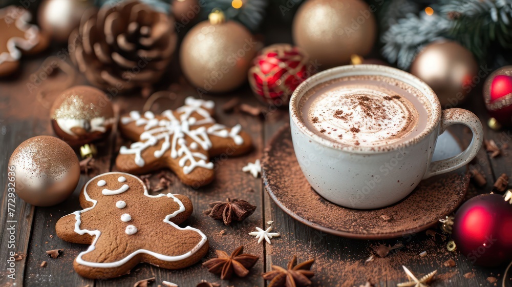 Christmas-themed still life with gingerbread cookies, ornaments, and a cup of hot cocoa, forming a delightful and heartwarming composition