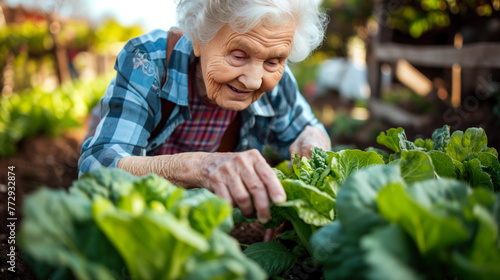 Joyful senior woman cultivating lettuce with love in her verdant home garden.