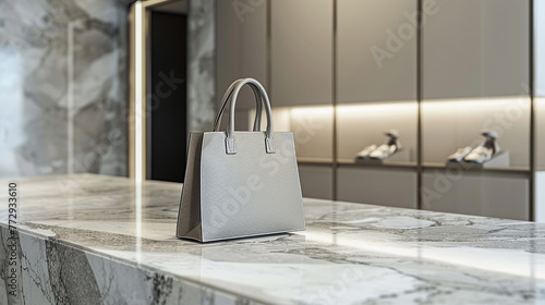 A minimalist handbag displayed on a marble countertop in a boutique.