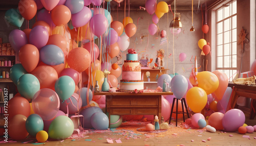 A birthday party with a huge cake on the table and colorful balloons as decoration