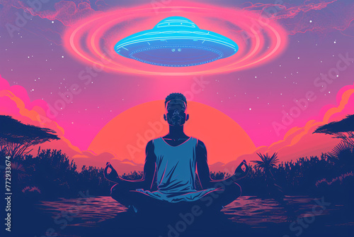 a man meditating in front of a ufo