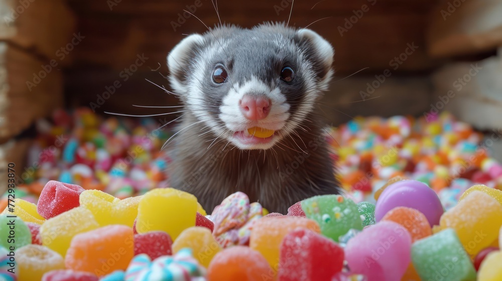 curious Ferret relishing candy delights, capturing the ferret's playful energy and agile movements curious Ferret relishing candy delights, capturing the ferret's playful energy and agile movements