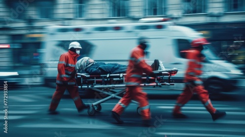 Paramedics rushing to aid an injured person on a stretcher.