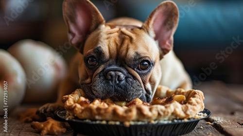 curious French Bulldog delighting in an apple pie, capturing the dog's charming bat-like ears © Tina