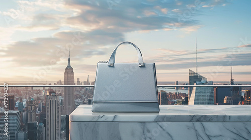 A sleek handbag positioned on a marble ledge against a cityscape backdrop.