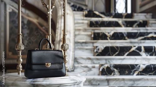 A sophisticated handbag positioned on a marble staircase in a luxury home.