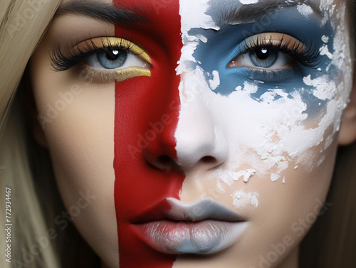 a woman with red white and blue makeup