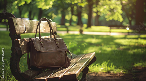 A statement handbag placed on a wooden bench in a serene park.
